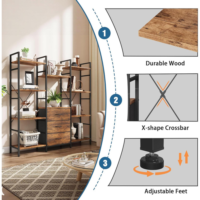 Книжкова полиця 100Ш x 142В см з 4 тканинними шухлядами, окремостояча книжкова полиця, кухонна полиця для вітальні, офісу, балкону, кубічна книжкова полиця, кухонна полиця для зберігання, книжкова шафа, індустріальний дерев&39яний стиль, 4 рівні - 100 см,