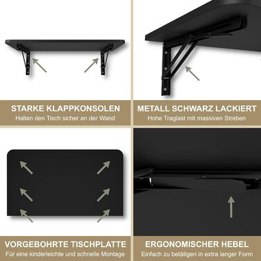 Настінний розкладний стіл KDR 70x40 см, чорний, із закругленими кутами Складаний стіл для настінного монтажу як обідній стіл, письмовий стіл, кухонний стіл або робоча зона компактний та універсальний