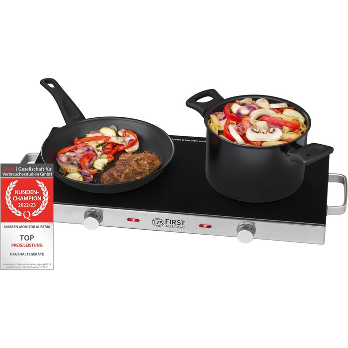 Перша в Австрії інфрачервона керамічна плита подвійна ВСІ види горщиків Подвійна конфорка 20см / 16,5см Варильна поверхня для переїзду, кемпінгу, дачного будинку - швидкий нагрів і плавне регулювання подвійний чорний