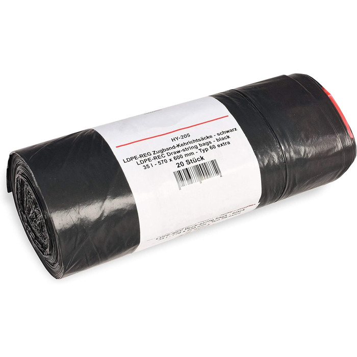 Сміттєві пакети Hypafol Тип 60 зі шнурком, 35 л Пакети для сміття для дому, саду та промисловості Надзвичайно міцні та стійкі до розривів Чорні надміцні сміттєві пакети з високоякісного матеріалу 200 шт. (10 рулонів) 35 літрів