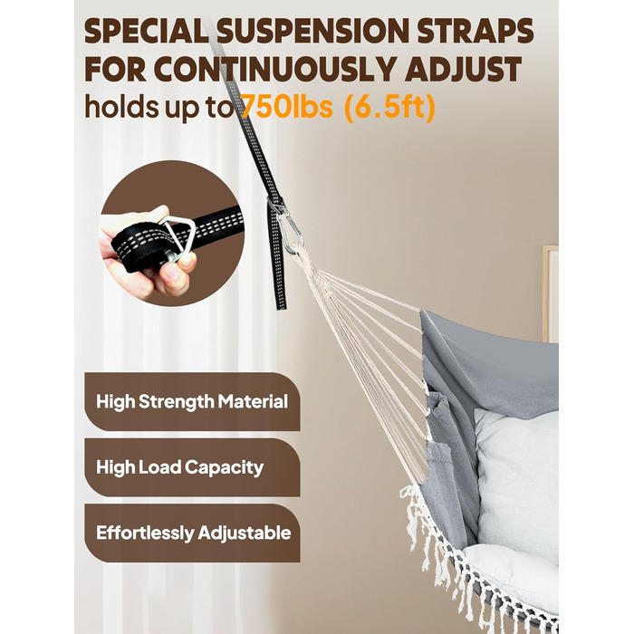 Підвісне крісло Chihee, підвісна гойдалка, 2 подушки сидіння в комплекті, міцні ремені та гачки, легко повісити, підвісне крісло виготовлене з м&39якої бавовняної тканини, бічна кишеня, великий комплект крісел з китицями, зручний комплект крісел для дому/