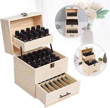 Рівневий дерев&39яний футляр для зберігання ефірних олій, футляр для ефірних олій, коробки для зберігання на 59 отворів, для флаконів об&39ємом 15 мл та 10 мл, лак для нігтів, 3-рівневий, 59 отворів, 3-