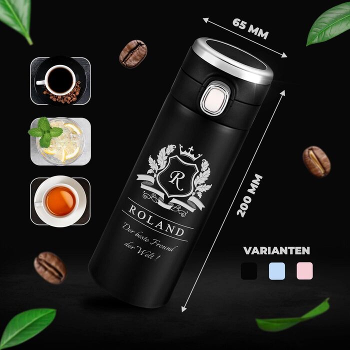 Пляшка для води Maverton з гравіюванням 400 мл - Герметична 100 водонепроникна термокружка - Сенсорний світлодіодний дисплей - Термос з нержавіючої сталі - Для чоловіків - Подарунки на день народження - Різдвяні подарунки - Чорна - Літера