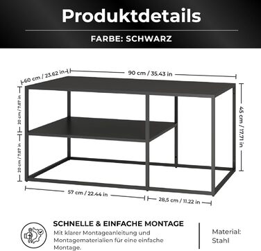 Журнальний столик Solund, приставний столик, металевий, чорний, стіл для вітальні з місцем для зберігання, 90 x 60 x 45 см, прямокутний диван-столик, журнальний столик, чорний, 90 x 60 x 45 см - 1 полиця