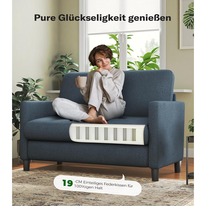 Невеликий 2-місний диван, міні-диван 130 см, затишний маленький диван для кімнати підлітка, складання міні-диванів без інструментів, 2-місні дивани та кушетки з масиву дерева, маленькі дивани для вітальні, синій/сірий, 130 см