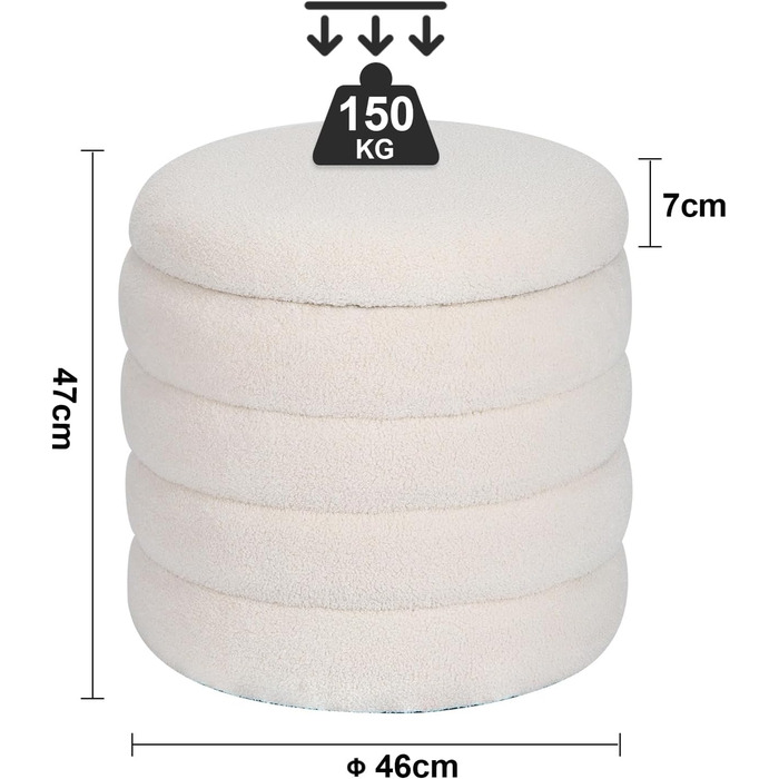 Круглий стілець для зберігання речей з плюшевої тканини - м&39який стілець, круглий туалетний столик для вітальні, спальні та коридору, Ø 46 x 47 см, білий 46x46x47 см