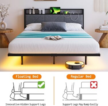 Ліжко-платформа 120 x 200 см з LED-підсвічуванням та USB-зарядною станцією, металевий каркас ліжка-платформи з м&39яким узголів&39ям для зберігання речей, міцні металеві ламелі, безшумне/темно-сірий колір