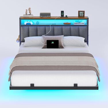 М&39яке ліжко 140x200 см із зарядною станцією та світлодіодним освітленням, каркас двоспального ліжка з місцем для зберігання, узголів&39ям та рейковою основою, плаваючий візуальний ефект, сучасний лляний каркас ліжка, матрац не входить до комплекту, темн
