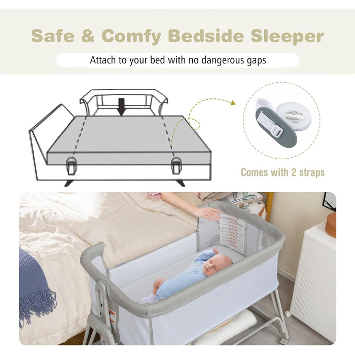 Дитяча колиска LIFEZEAL з регульованою висотою, портативна приліжкова колиска 90 x 50 см, дитяче ліжко 3-в-1 з матрацом, дорожнє ліжечко для малюків 0-6 місяців, приліжкова колиска з дихаючою сіткою (світло-сірий)