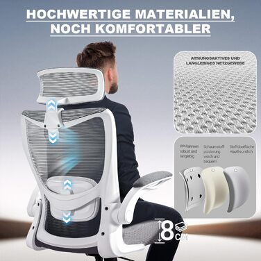 Ергономічне офісне крісло ACMELIFE, стілець для роботи зі складними підлокітниками, комп&39ютерне крісло, комп&39ютерне крісло з регульованим підголівником та поперековою опорою, крісло керівника, регульована висота, функція гойдання, до 150 кг, сірий