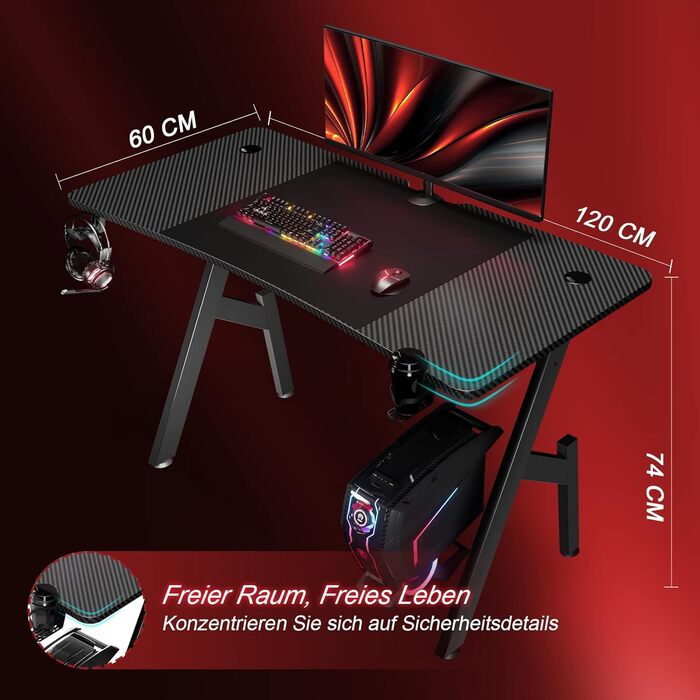 Ігровий стіл 120 x 60 см, Ігровий стіл, Стійкий стіл для ПК з покриттям з вуглецевого волокна, Ергономічний комп'ютерний стіл з га