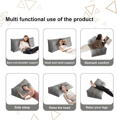 Подушка для читання Homewell 120 см, трикутна, з поперековою опорою, узголів&39ям, знімною спинкою для ліжка, для читання, відпочинку, перегляду телевізора, спальня, сіра 120 см.