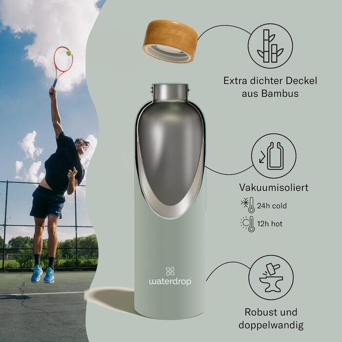 Пляшка для води waterdrop з нержавіючої сталі 600 мл - Герметична пляшка для води, підходить для газованих напоїв та не містить BPA - Термос з подвійними стінками для гарячих та холодних напоїв - Ідеально підходить для використання в дорозі, офісі та фітн