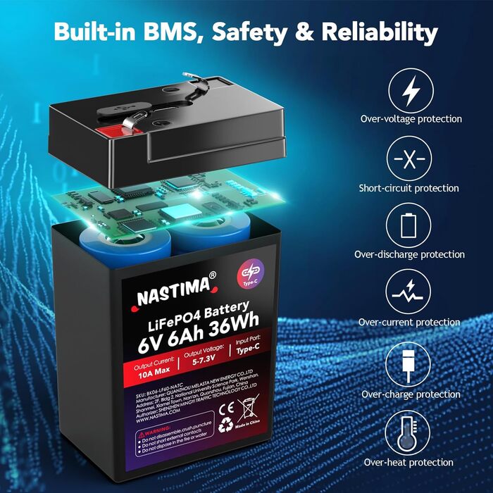Акумуляторна батарея NASTIMA 6V 6Ah 36Wh LiFePO4 із захистом BMS та 2000 циклами глибокого розряду/розрядки, що не потребує обслуговування, зарядка через роз&39єм Type-C, підходить для аварійного освітлення, дитячих іграшкових машинок, моторних човнів, ке