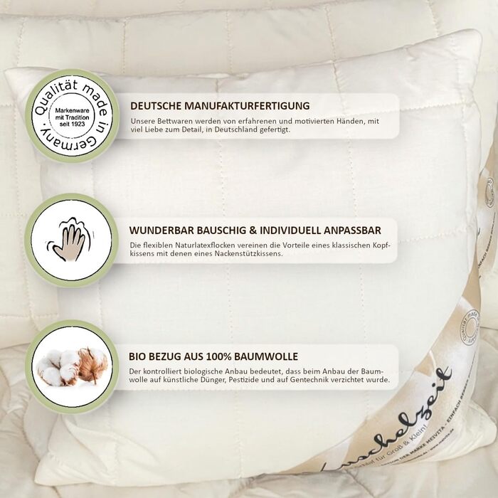 Регульована по висоті подушка для шиї з натурального латексу розміром 40x80 см з окремою внутрішньою подушкою та стьобаним чохлом зі 100 органічної бавовни - Зроблено в Німеччині