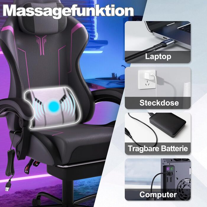 Ігрове крісло YHome, офісне крісло, регульоване по висоті, з підголівником, вібраційним масажем, поперековою подушкою, підставкою для ніг та підлокітниками, ергономічне ігрове крісло, велюрове покриття (чорнийсірийфіолетовий)