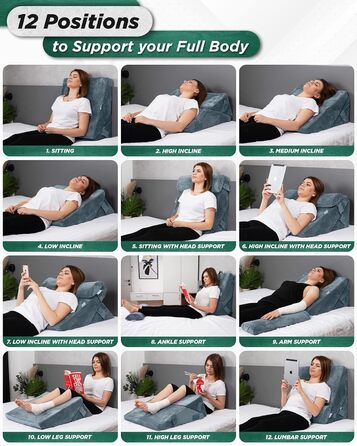 Ортопедичний комплект подушок-клинів Lunix LX6 з 3 предметів, піна з ефектом пам&39яті після операції для полегшення болю в спині, ногах та колінах, подушка для сидіння та читання, регульовані подушки для лікування кислотного рефлюксу та ГЕРХ для сну, тем