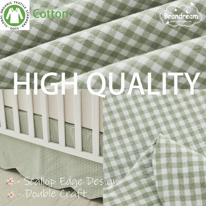 Бавовняна спідниця для ліжечка Brandream з гребінчастим краєм, для хлопчика, дівчинки, гендерно нейтральна спідниця для ліжечка, спідниця для малюків у фермерському стилі, спідниця для дитячого ліжечка, богемний принт, однотонне зелене в клітинку, зелене 