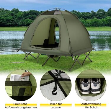 Розкладне ліжко COSTWAY з наметом для 2 осіб, кемпінгове ліжко з дощовиком, 2 сітчасті двері, мансардний вікно та сумка на колесах, кемпінговий шезлонг, вантажопідйомність 300 кг, 194 x 145 x 150 см, зелений