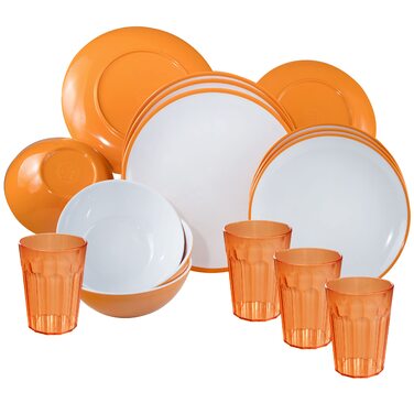 Набір посуду для кемпінгу з меламіну та скла для 4 осіб - 16 предметів - кемпінговий посуд - жовтий та білий - зі склянками об&39ємом 450 мл - склянки - набір посуду з 16 предметів - тарілки склянки, помаранчевий, 450 мл