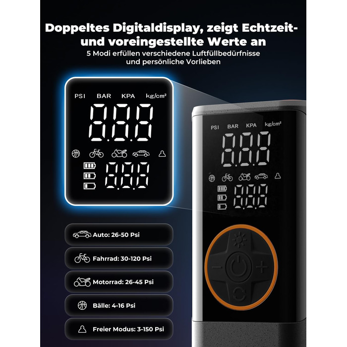 Електричний повітряний насос Oasser з подвійним дисплеєм 6000mAh 150 PSI, акумуляторний компресор з 3M 12V прикурювача для автомобіля, мотоцикла, велосипеда, м&39яча, подорожей, кемпінгу