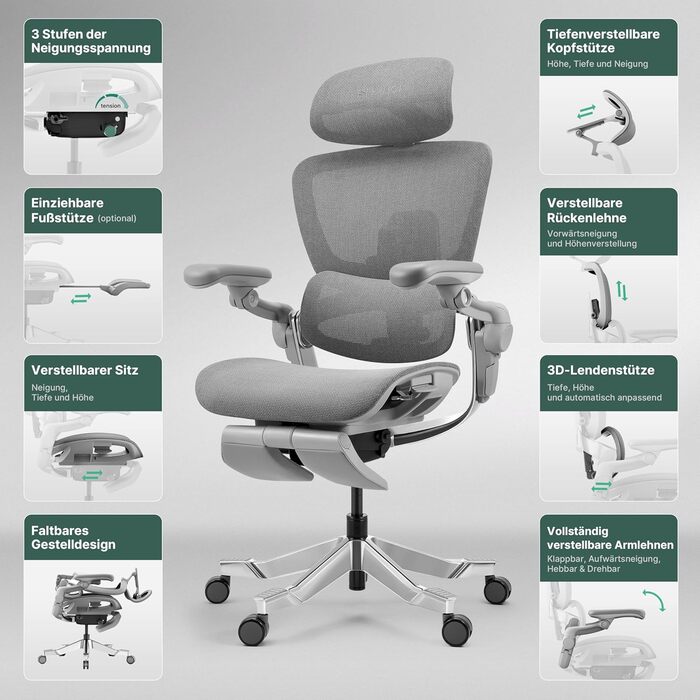 Ергономічне офісне крісло HINOMI H2 Pro з поперековою опорою, регульованим підголівником та підлокітниками, вантажопідйомність 150 кг, дихаюча сітка, обертове крісло для дому та офісу, ергономічне робоче крісло (чорне)