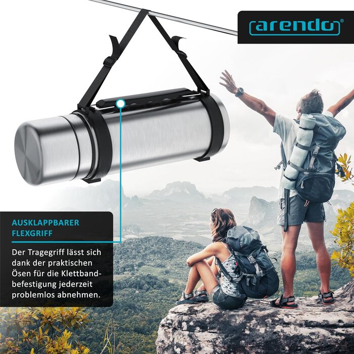 Термос з нержавіючої сталі об&39ємом 1 л - з 2 чашками - Термос з подвійними стінками - 1000 мл - Закриття одним клацанням - Герметичний - Знімна кришка - Без BPA - Стійкий до газованих напоїв - Срібний