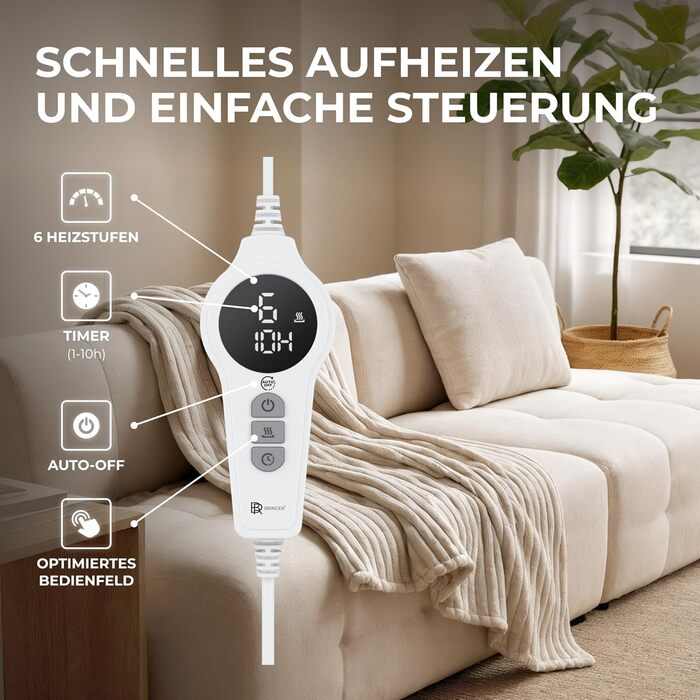 Інфрачервона ковдра BR Bringer з підігрівом - Електрична флісова ковдра з автоматичним вимкненням та захистом від перегріву - 6 налаштувань нагріву, таймер до 10 годин, кабель 2,45 м, можна прати в пральній машині, OEKO-TEX (200x180 см, Nordic Taupe) Nord
