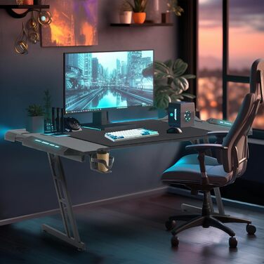 Ігровий стіл 140x60 см з регульованою висотою, світлодіодним освітленням, органайзером для кабелів, підставкою для навушників та підсклянником, ергономічний комп&39ютерний стіл 140 см з вуглецевого волокна та світлодіодним освітленням