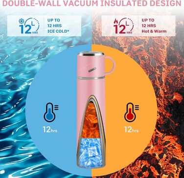 Термос 550 мл, ізольована пляшка для води з нержавіючої сталі, герметичний термос з чашкою та ручкою, без BPA, пляшка для води з подвійними стінками, зберігає напої гарячими та холодними протягом 12 годин, для використання в дорозі, на роботі та у спорті,