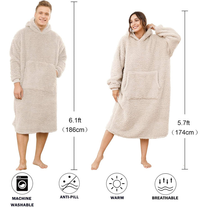 Великогабаритна шерпа-ковдра з капюшоном для чоловіків та жінок, довга зручна шерпа-ковдра, светр, волохатий пуловер, плюшевий, теплий, затишний, універсальний розмір, бежевий