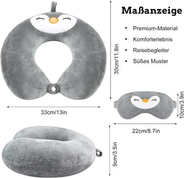 Подушка для подорожей twirush підтримка для шиї тварин, U-подібна піна з памяттю пінгвін для подорожей подушка для дорослих подушка для шиї дитяча подушка для шиї з милою маскою для сну для автомобіля поїзд офіс додому (сіра
