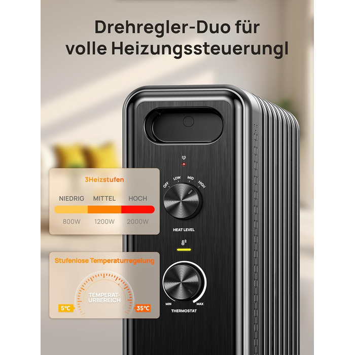 Масляний радіатор Dreo з 9 ребрами, тихий електричний обігрівач потужністю 2000 Вт для спальні, захист від перегріву та перекидання, регульований термостат, блокування від дітей, енергозбереження
