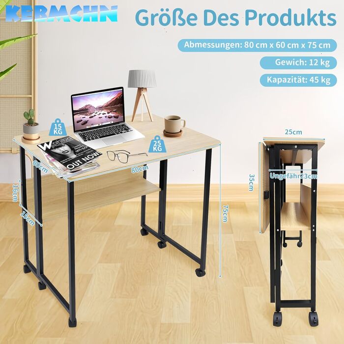 Розкладний стіл з полицею, 80x60x75 см, розкладний стіл на колесах, дерево та вуглецева сталь, компактний, багатофункціональний, для домашнього офісу, вітальні (колір дерева)