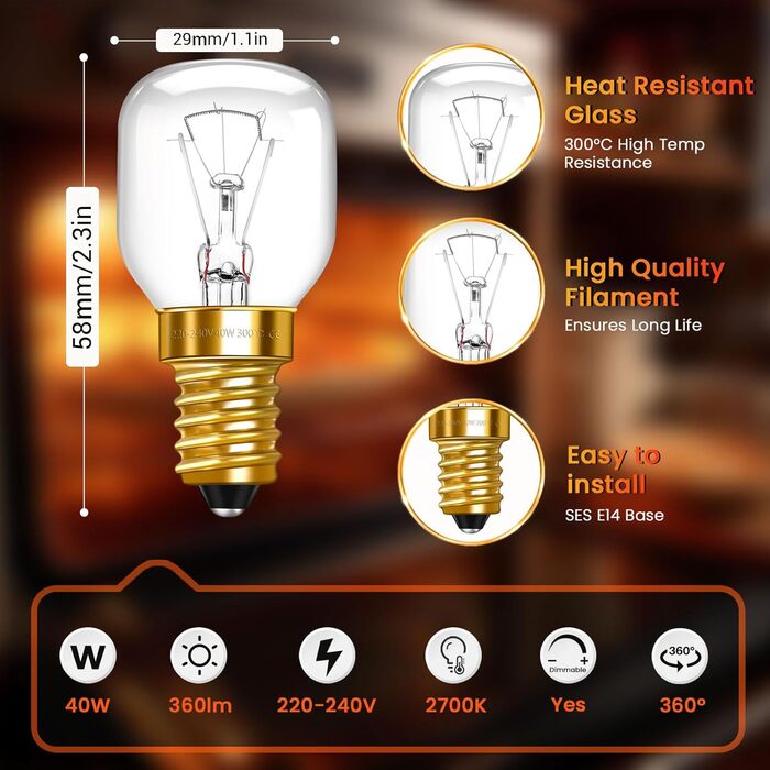 Лампа для духовки E14 230V, термостійкість до 300 градусів T30 Лампа для духовки E14 з регулюванням яскравості, 360LM 2700K теплий білий, лампочка для духовки, мікрохвильової печі, холодильника, соляна лампа, 2 шт.