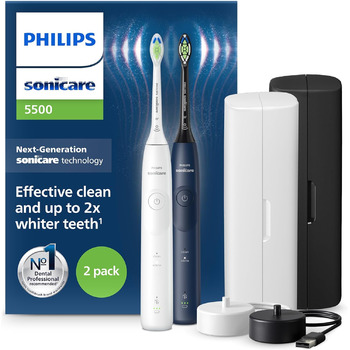 Електрична зубна щітка Philips Sonicare 5500, звукова зубна щітка з 2 режимами чищення, контролем тиску, EasyStart, SmarTimer і BrushPacer, білий і темно-синій, 2 шт., модель HX7119/01