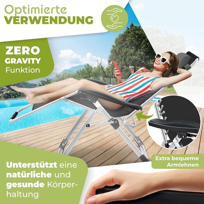 Шезлонг KESSER, складаний та водонепроникний, садовий стілець, вантажопідйомність 200 кг, ергономічна подушка, надзвичайно широкий, регульована спинка, садовий шезлонг з подушкою для шиї та тримачем для напоїв, антрацитовий