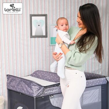 Дитяче ліжечко та манеж Lorelli 3-в-1, Moonlight 2 рівні, бічний вхід, ліжечко з народження, дитяче ліжечко для подорожей, пеленальний килимок, колеса, сумка, сірий/світло-сірий