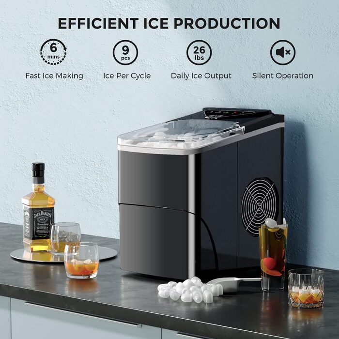 Машина для виробництва кубиків льоду Clear Ice Cubes, самоочисний льодогенератор, 9 кубиків закінчено за 6 хвилин, 15 кг за 24 години, портативний льодогенератор Cube Machine для дому/кухні/офісу/бару Black