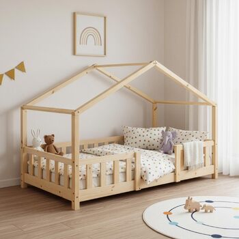 Дитяче ліжко Treviolo 90 x 200 см Дерев&39яне ліжко для дітей із захистом від падіння Каркас ліжка Монтессорі з рейковою основою, сосновий дерев&39яний, колір натурального дерева, 90 x 200 см