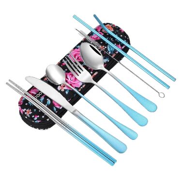 Універсальний набір дорожнього посуду багаторазові портативні столові прибори з футляром для обіду, кемпінгу, школи та пікніків (градієнтний світло-блакитний)