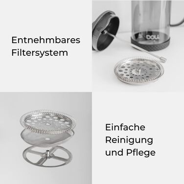 Скло френч-прес Doli 1 л, кавоварка на 1-6 чашок, тонкий фільтр з нержавіючої сталі для чистого аромату, вогнетривкий і безпечний для миття в посудомийній машині, в т.ч. дозуюча ложка (чорна)