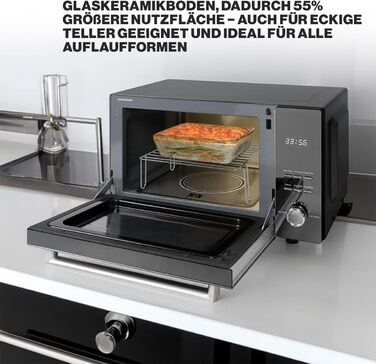 Мікрохвильова піч ProfiCook з грилем Мікрохвильова піч з великою варильною камерою на 23 літри Мікрохвильова піч без поворотного столу Мікрохвильова піч 1000 Вт Потужність гриля Двері дзеркала з вертикальним відкриванням PC-MWG 1204 чорний