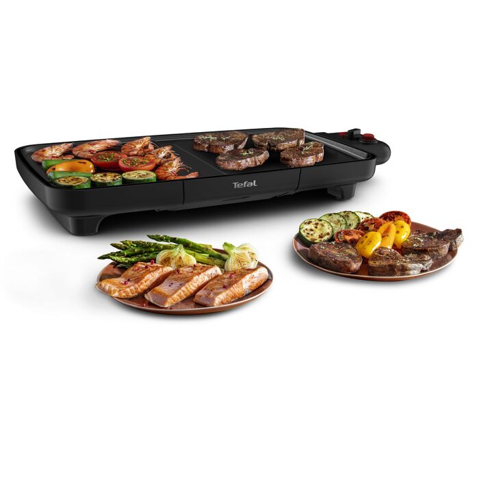 Електричний гриль Tefal Plancha Booster CB6428, 2200 Вт, збільшена робоча поверхня, Boost-зона, 6 рівнів температури, суцільна гриль-платформа, піддон для жиру, Thermo-Spot, чорний