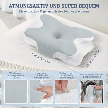 Подушка для шиї - Ортопедична подушка з піни з ефектом пам&39яті, ергономічна подушка для полегшення болю в шиї для сну на боці, спині та животі з чохлом з крижаного шовку (сіра)