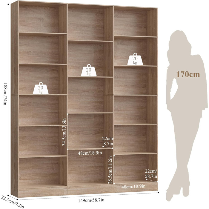 Книжкова шафа FirFurd 188 см, полиця з 17 відділеннями, книжкова шафа, окремостояча полиця, полиця для зберігання, для вітальні, офісу, кабінету, 149 x 23,5 x 188 см, дуб