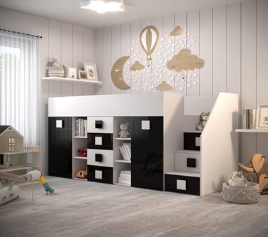 Двоярусне ліжко для дітей, підлітків з місцем для зберігання - Двоярусне ліжко з письмовим столом, шафою, полицею, шухлядами, сход