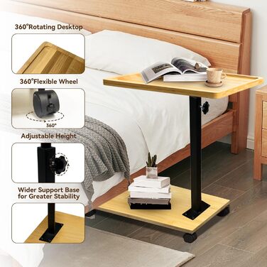 С-подібний журнальний столик, бамбук та метал, сучасний, регульований по висоті з колесами невеликий журнальний столик, тумбочка для ліжка, столик для дивана, тумбочка, туалетний столик для вітальні, спальні, ванної кімнати