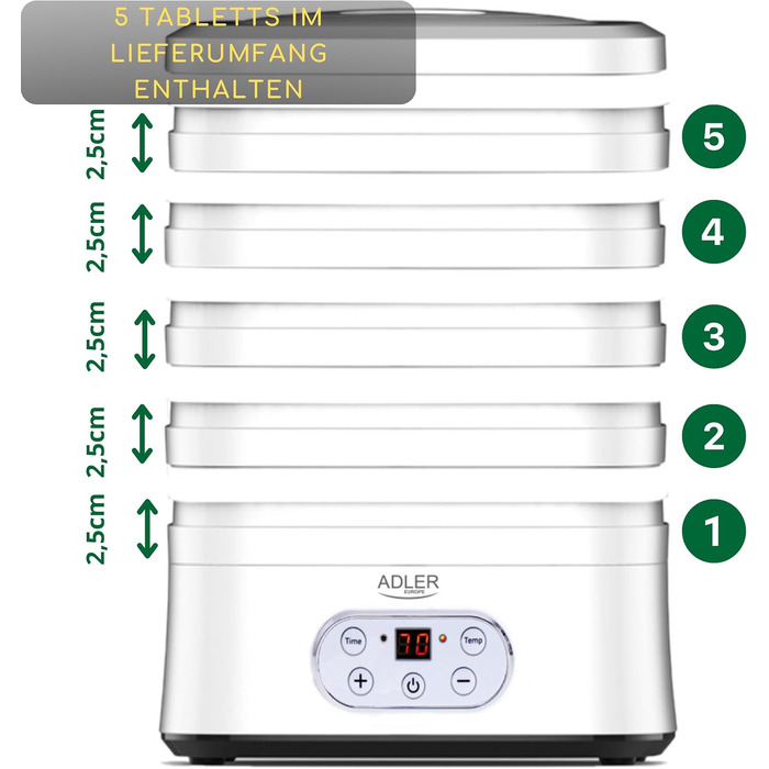 Дегідратор для їжі ADLER AD 6658, 550 Вт, дегідратор, дегідратор, білий