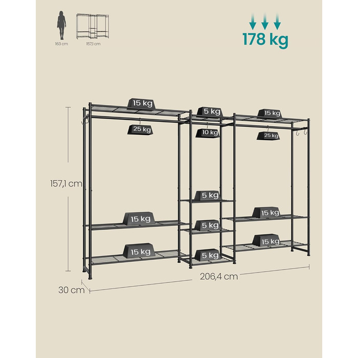 Вішалка для одягу SONGMICS, Відкрита шафа, Вішалка для пальто з 10 полицями, 3 вішалки для одягу, 4 S-подібних гачки, Металевий каркас, для спальні, вітальні, вхідної зони, Чорний LGR011BZ01 206.4W см